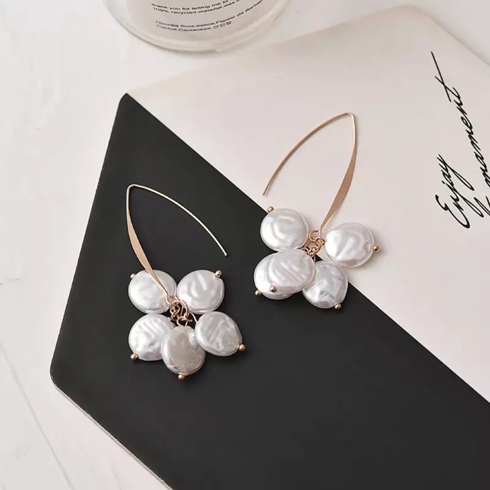 Cluster Freshwater Pearl Drop Gold Earrings - Picture 2 of 6